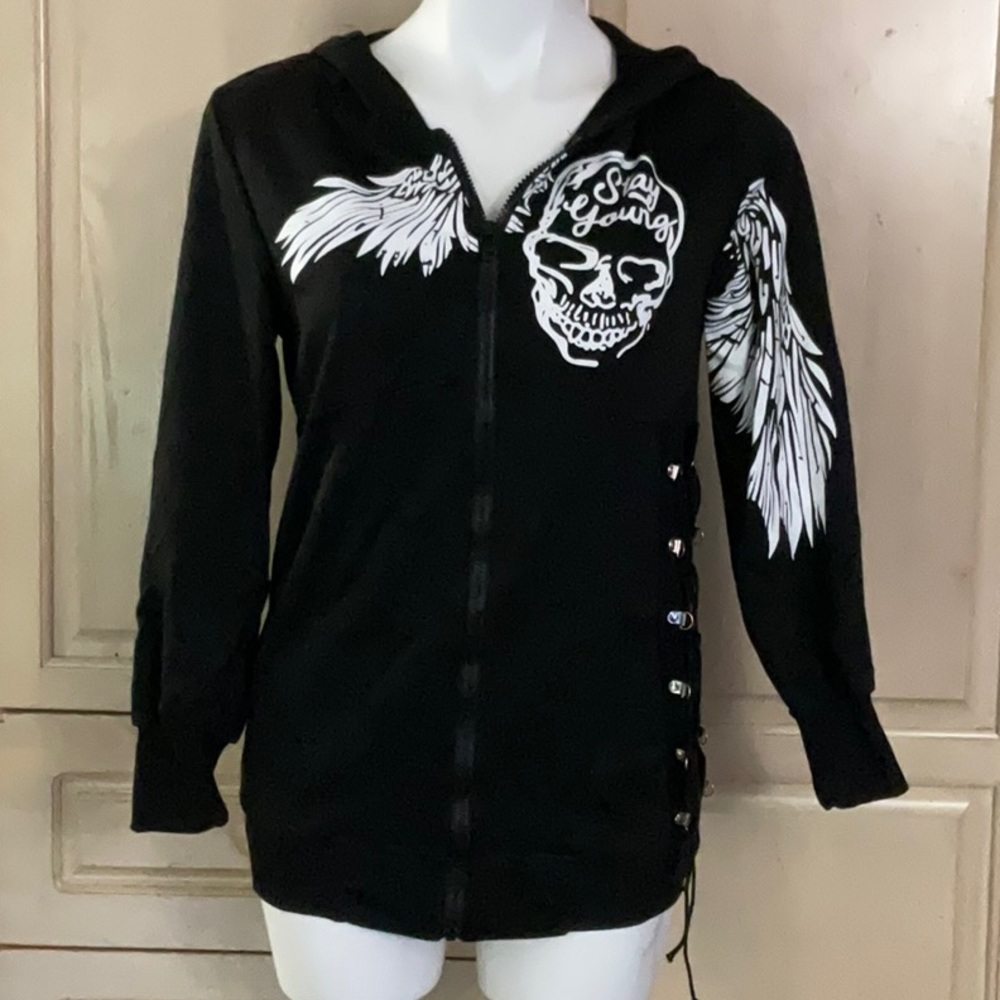 MISSLOOK Graphic Sweatshirt “Stay Young” Skull & Wings Hooded Black Sz S NWT